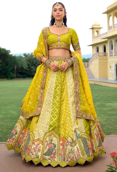 Lime Yellow And Green Silk Lehenga With Cut Work Border And Embroidery
