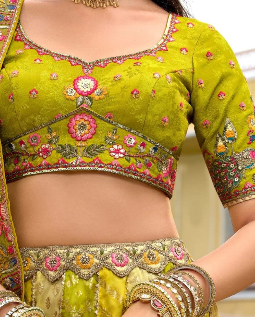LIMEYELLOW - Lime Yellow And Green Silk Lehenga With Cut Work Border And Embroidery