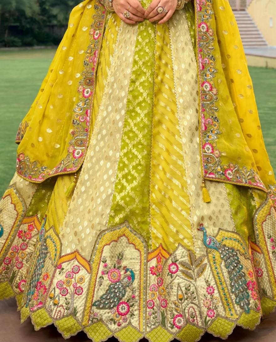 LIMEYELLOW - Lime Yellow And Green Silk Lehenga With Cut Work Border And Embroidery