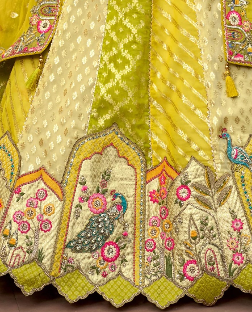 LIMEYELLOW - Lime Yellow And Green Silk Lehenga With Cut Work Border And Embroidery