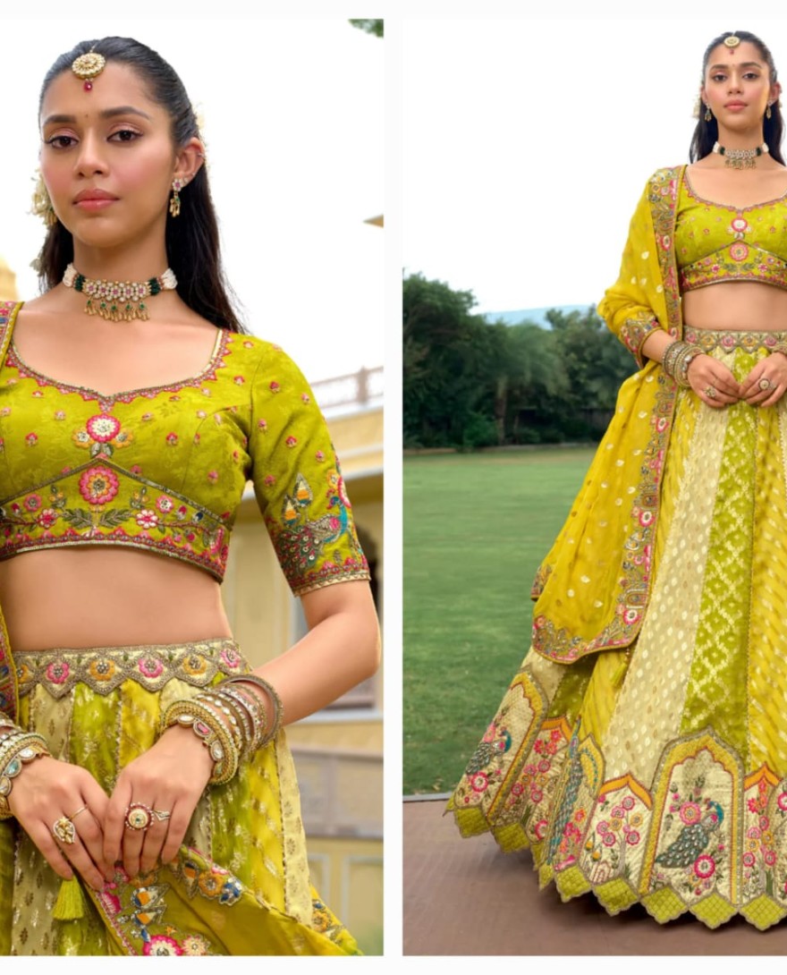LIMEYELLOW - Lime Yellow And Green Silk Lehenga With Cut Work Border And Embroidery