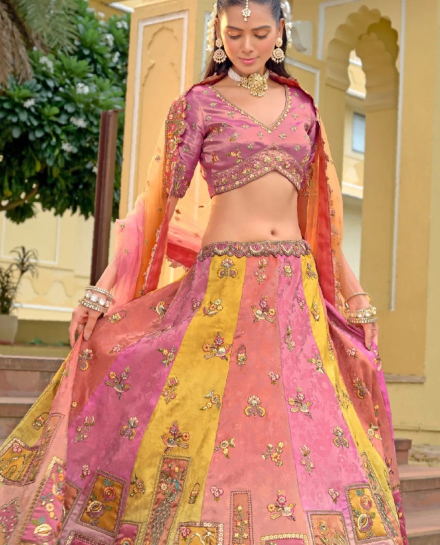 BABYPINK - Baby Pink And Peach Silk Lehenga With Cut Work Border And Embroidery