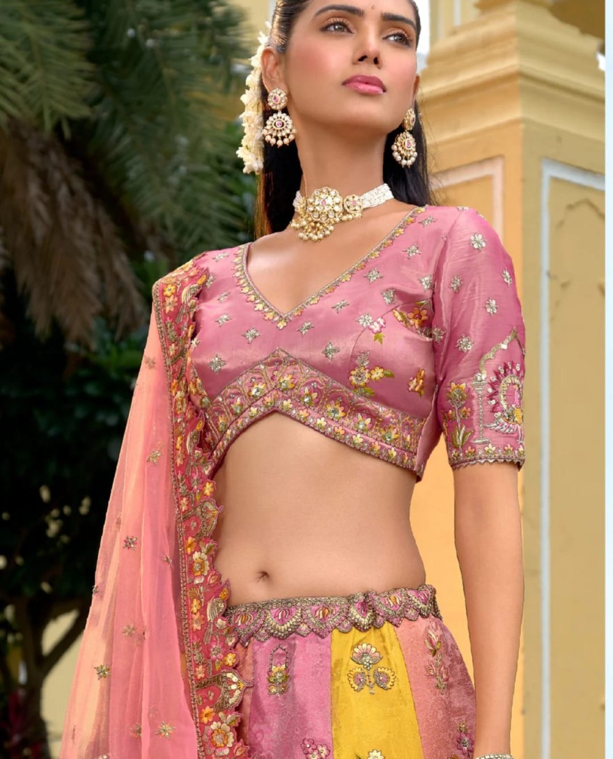 BABYPINK - Baby Pink And Peach Silk Lehenga With Cut Work Border And Embroidery