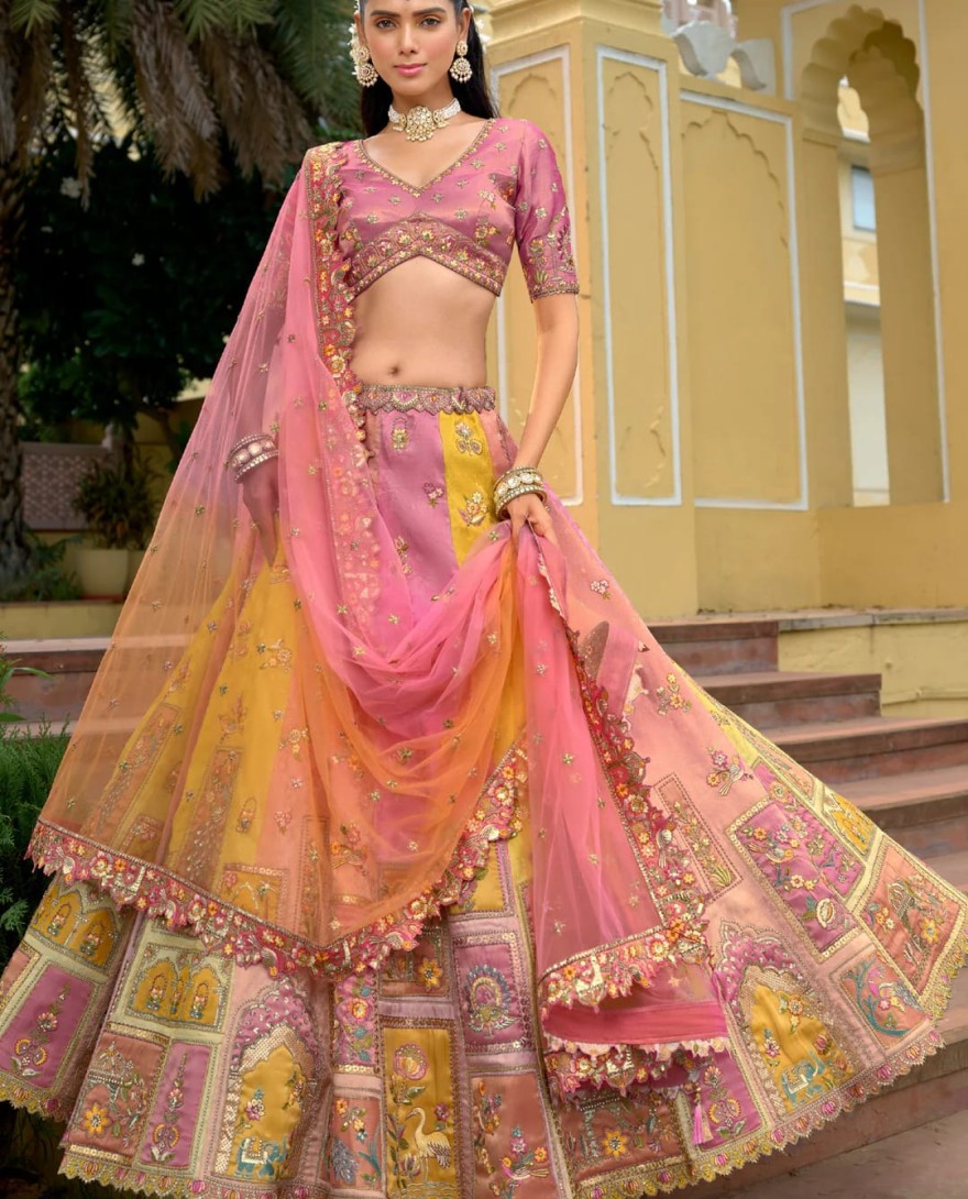 BABYPINK - Baby Pink And Peach Silk Lehenga With Cut Work Border And Embroidery