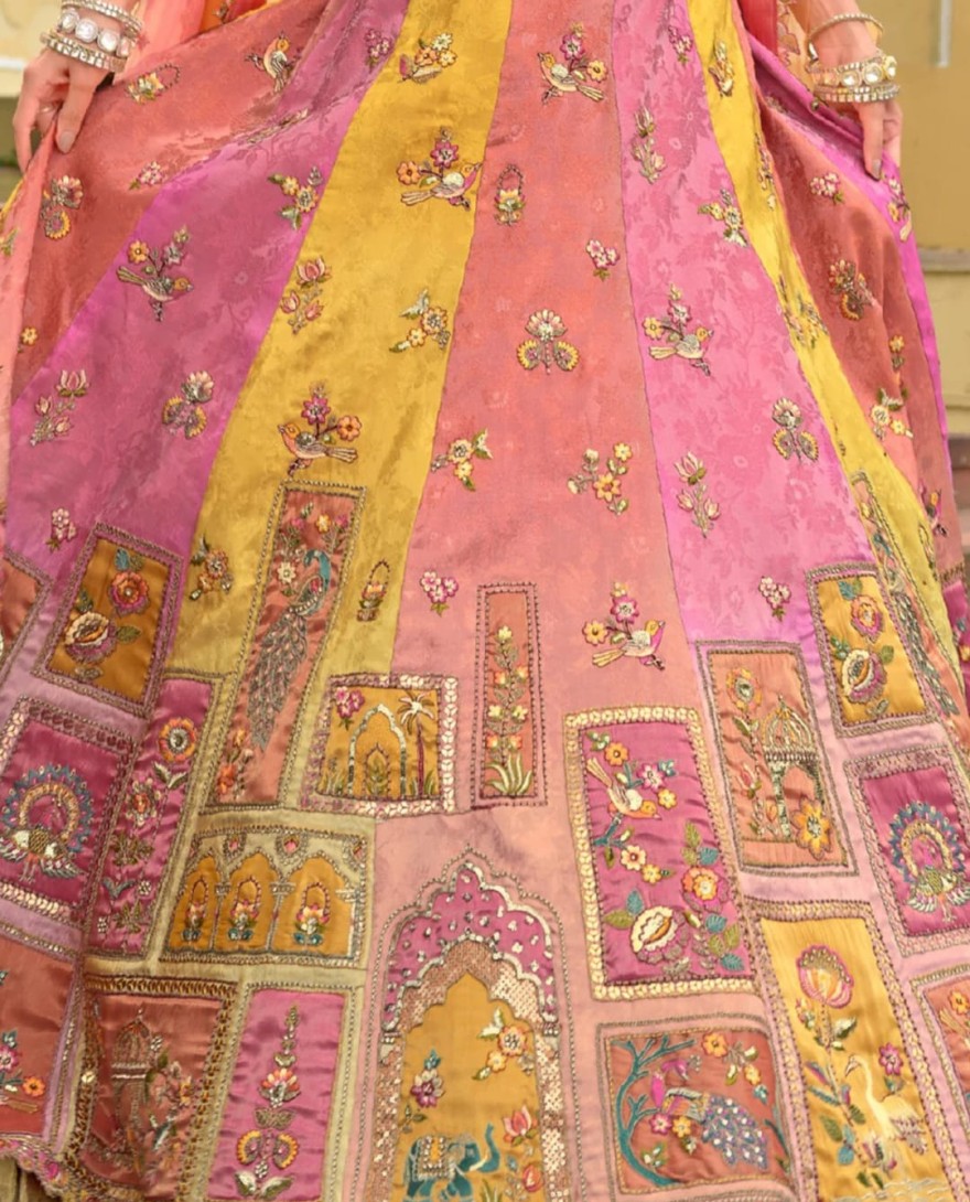 BABYPINK - Baby Pink And Peach Silk Lehenga With Cut Work Border And Embroidery