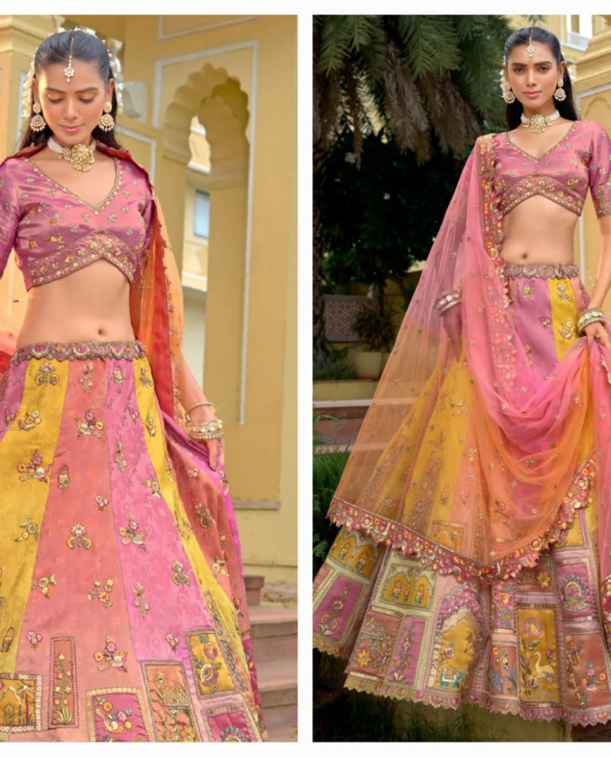 BABYPINK - Baby Pink And Peach Silk Lehenga With Cut Work Border And Embroidery