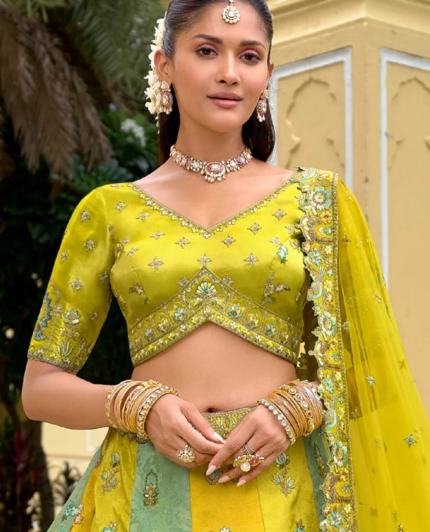 LEMONYELLOW - Lemon Yellow And Aqua Silk Lehenga With Cut Work Border And Embroidery