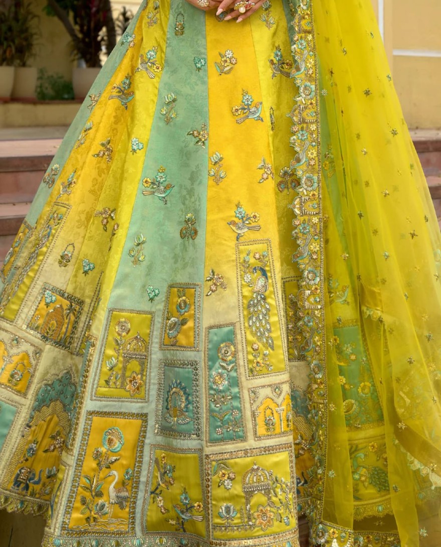 LEMONYELLOW - Lemon Yellow And Aqua Silk Lehenga With Cut Work Border And Embroidery