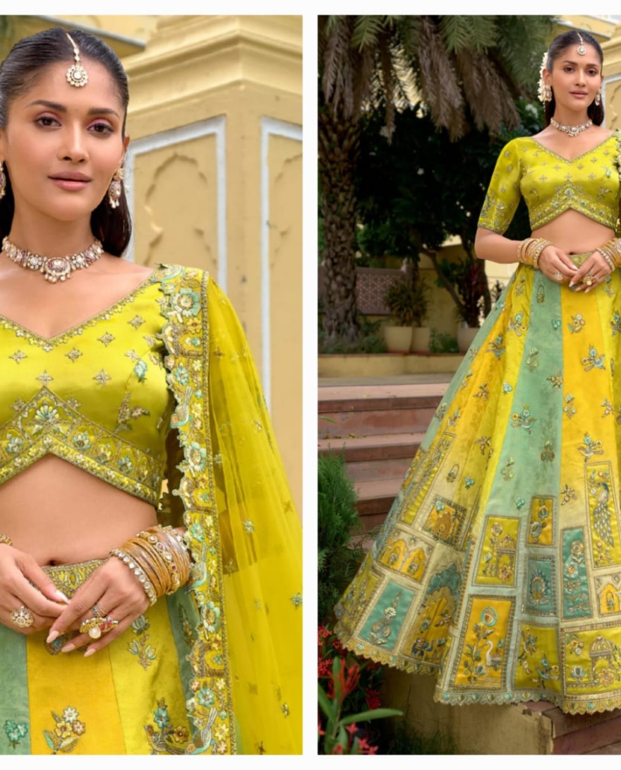 LEMONYELLOW - Lemon Yellow And Aqua Silk Lehenga With Cut Work Border And Embroidery