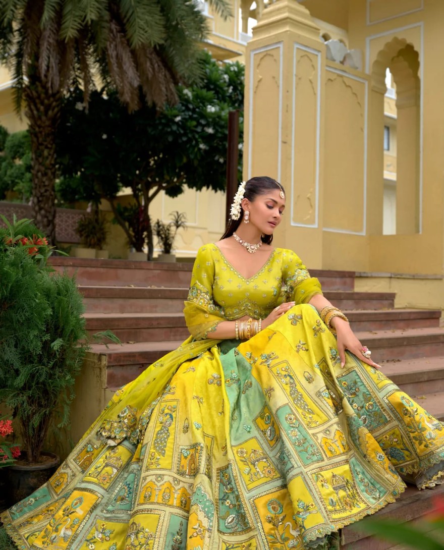 LEMONYELLOW - Lemon Yellow And Aqua Silk Lehenga With Cut Work Border And Embroidery