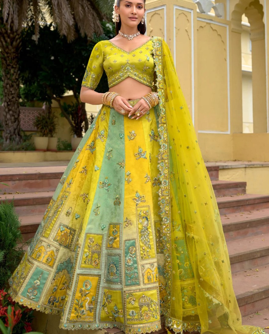 LEMONYELLOW - Lemon Yellow And Aqua Silk Lehenga With Cut Work Border And Embroidery