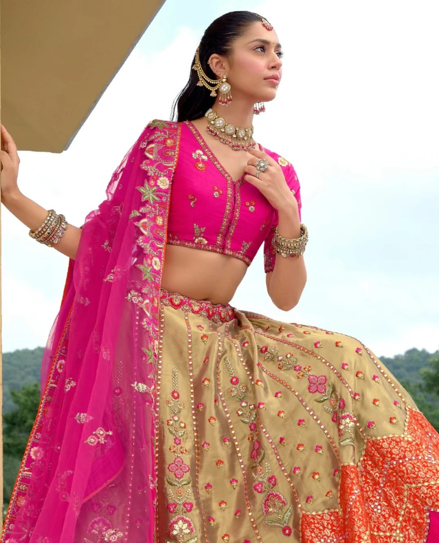 RANIPINK - Rani Pink And Olive Green Silk Lehenga