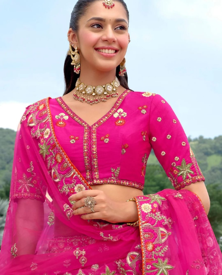RANIPINK - Rani Pink And Olive Green Silk Lehenga