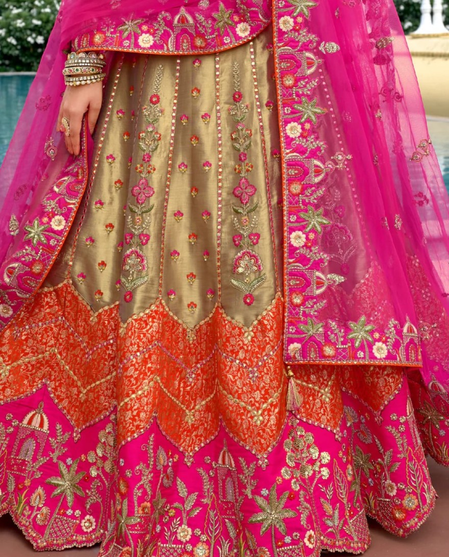 RANIPINK - Rani Pink And Olive Green Silk Lehenga