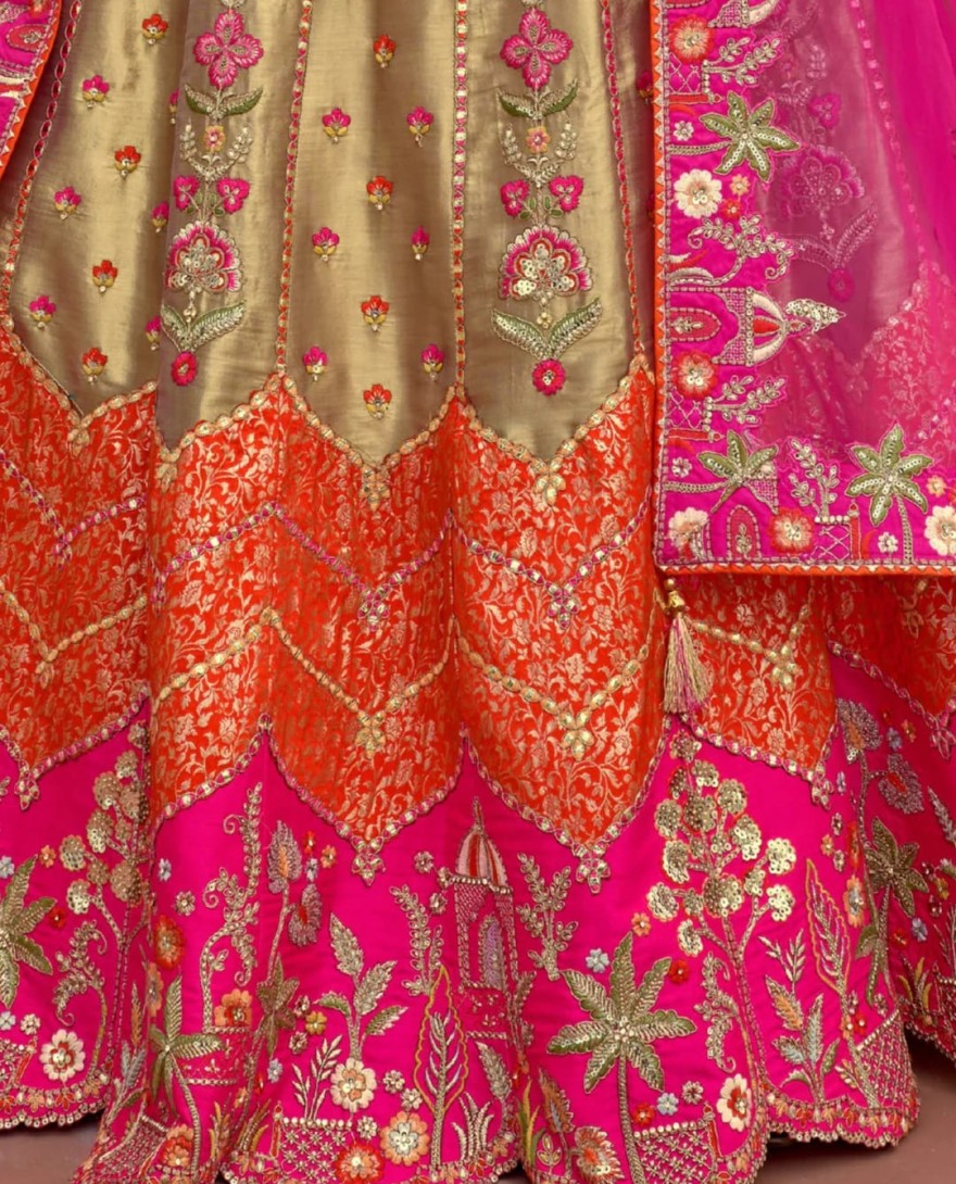 RANIPINK - Rani Pink And Olive Green Silk Lehenga