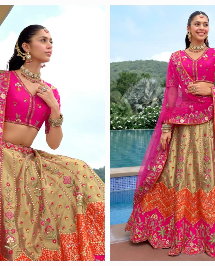 RANIPINK - Rani Pink And Olive Green Silk Lehenga