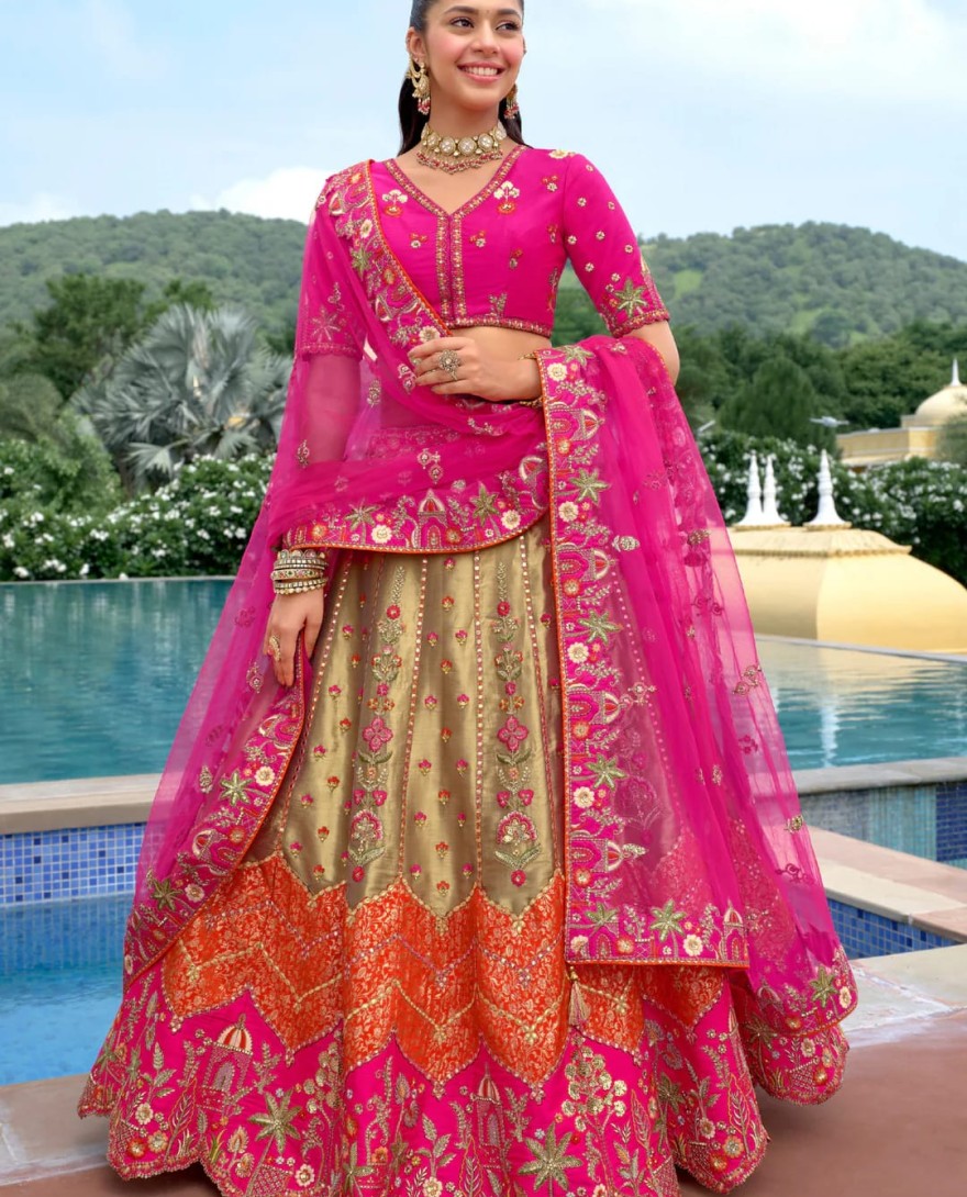 RANIPINK - Rani Pink And Olive Green Silk Lehenga
