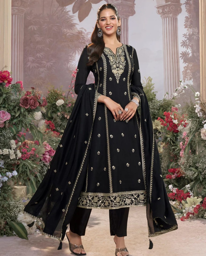 BLACK - Black Vichitra Silk Kurta Suit Set with Embroidered Work Paired with Vichitra Silk Dupatta with Embroidered Work