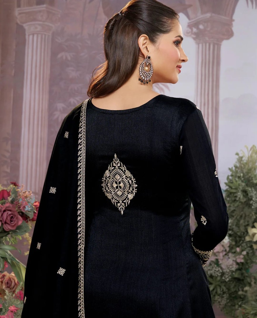 BLACK - Black Vichitra Silk Kurta Suit Set with Embroidered Work Paired with Vichitra Silk Dupatta with Embroidered Work