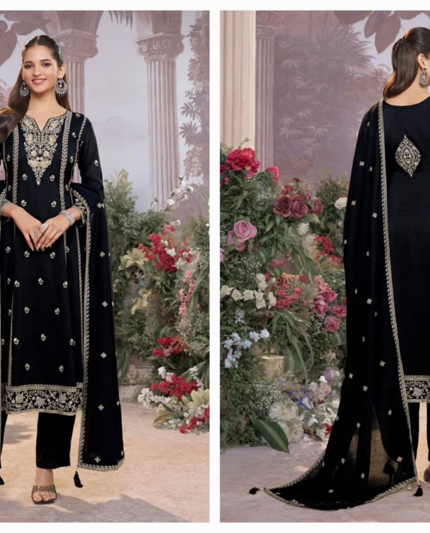 BLACK - Black Vichitra Silk Kurta Suit Set with Embroidered Work Paired with Vichitra Silk Dupatta with Embroidered Work