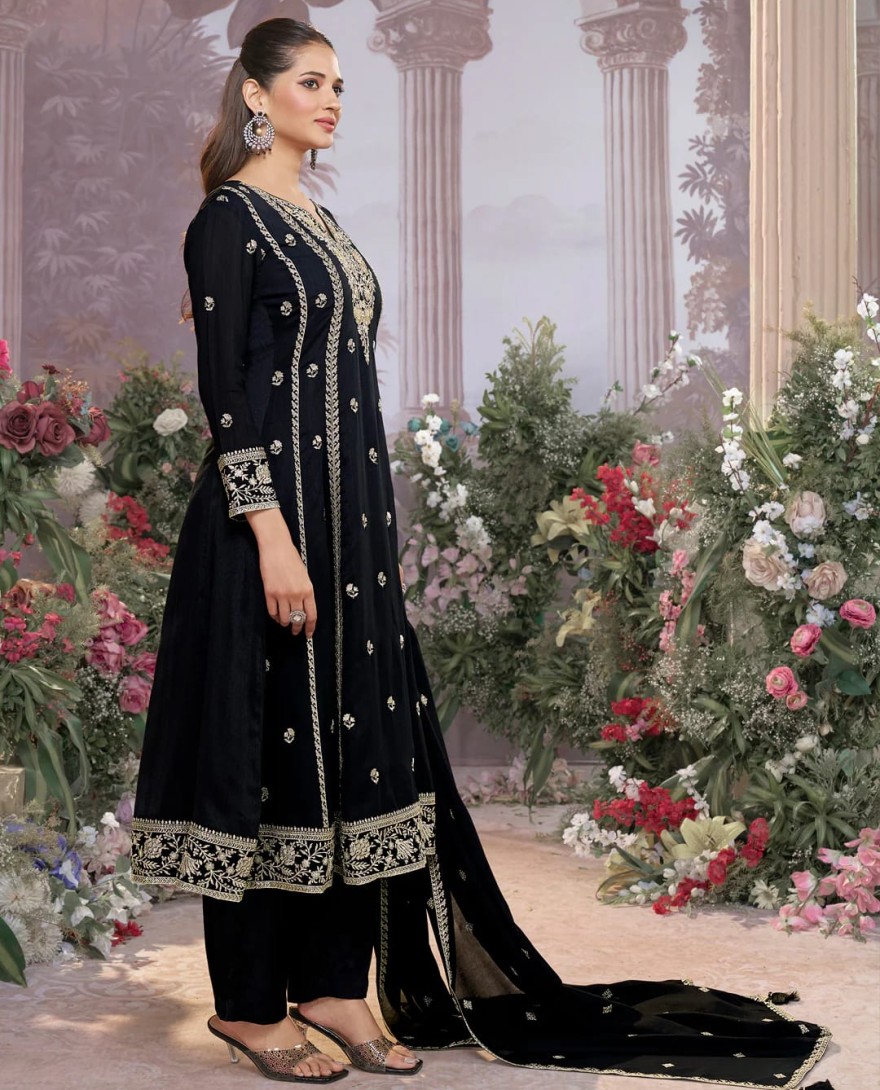 BLACK - Black Vichitra Silk Kurta Suit Set with Embroidered Work Paired with Vichitra Silk Dupatta with Embroidered Work