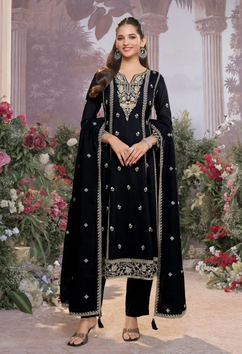 Black Vichitra Silk Kurta Suit Set with Embroidered Work Paired with Vichitra Silk Dupatta with Embroidered Work