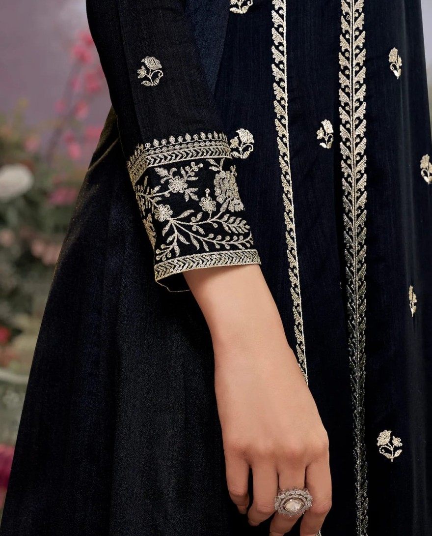 BLACK - Black Vichitra Silk Kurta Suit Set with Embroidered Work Paired with Vichitra Silk Dupatta with Embroidered Work