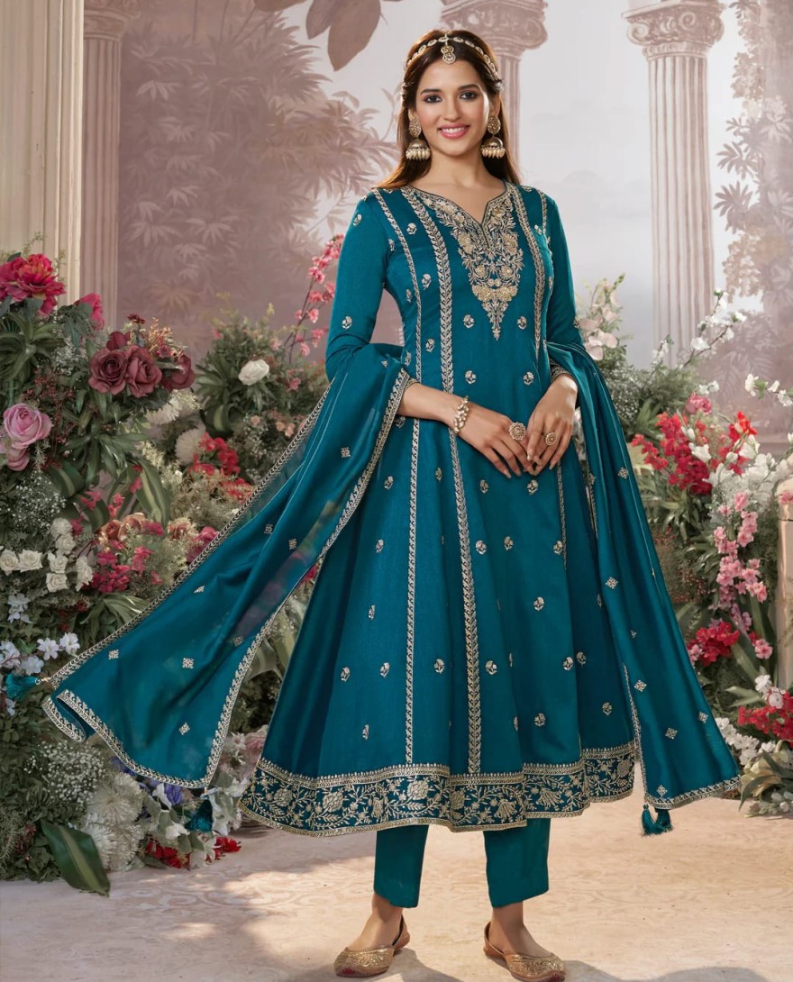 BLUE - Blue Vichitra Silk Kurta Suit Set with Embroidered Work Paired with Vichitra Silk Dupatta with Embroidered Work