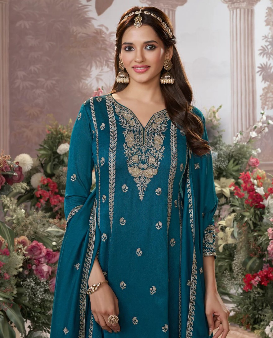 BLUE - Blue Vichitra Silk Kurta Suit Set with Embroidered Work Paired with Vichitra Silk Dupatta with Embroidered Work