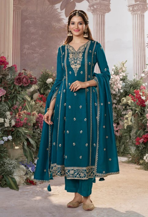 Blue Vichitra Silk Kurta Suit Set with Embroidered Work Paired with Vichitra Silk Dupatta with Embroidered Work