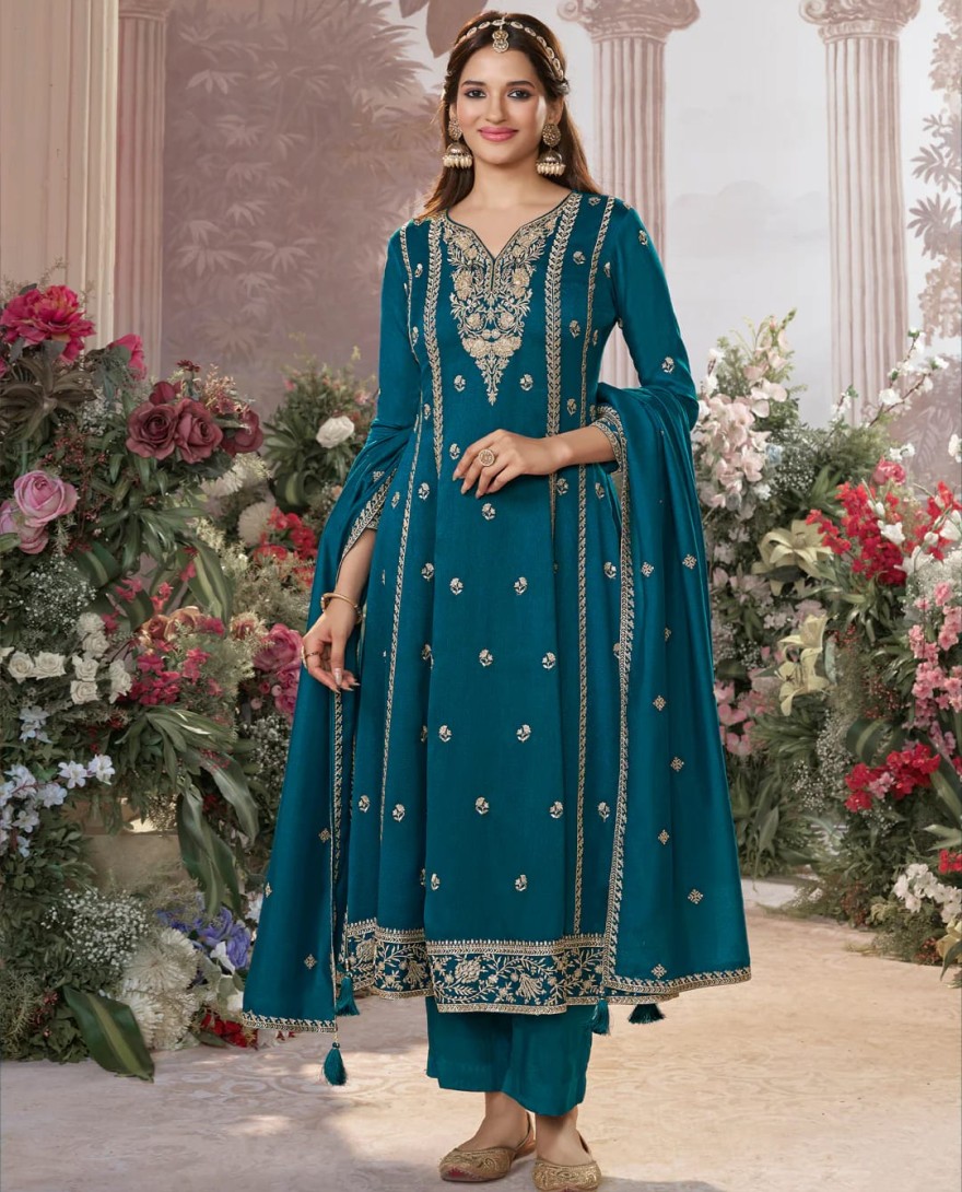 BLUE - Blue Vichitra Silk Kurta Suit Set with Embroidered Work Paired with Vichitra Silk Dupatta with Embroidered Work