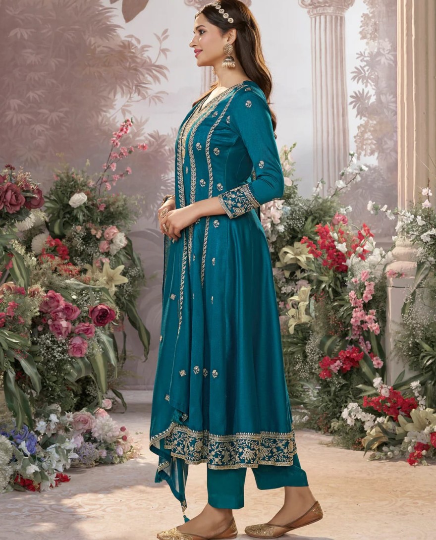 BLUE - Blue Vichitra Silk Kurta Suit Set with Embroidered Work Paired with Vichitra Silk Dupatta with Embroidered Work