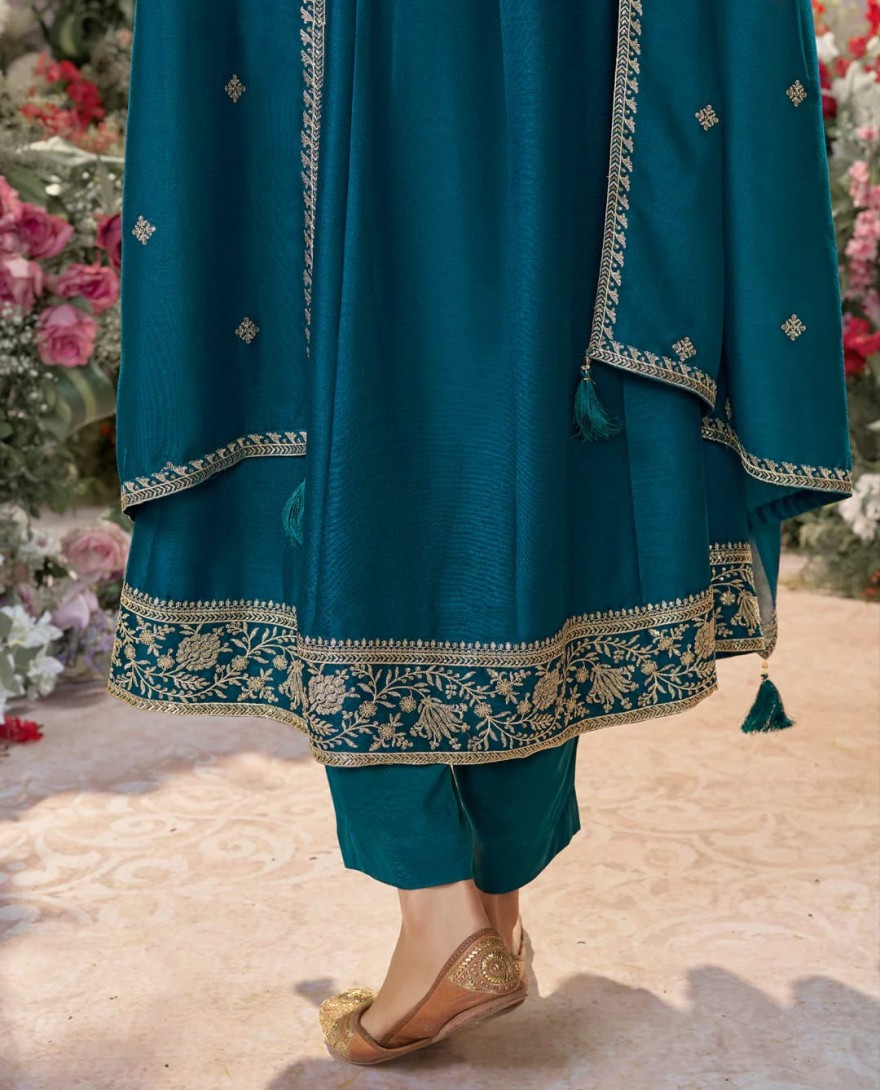 BLUE - Blue Vichitra Silk Kurta Suit Set with Embroidered Work Paired with Vichitra Silk Dupatta with Embroidered Work
