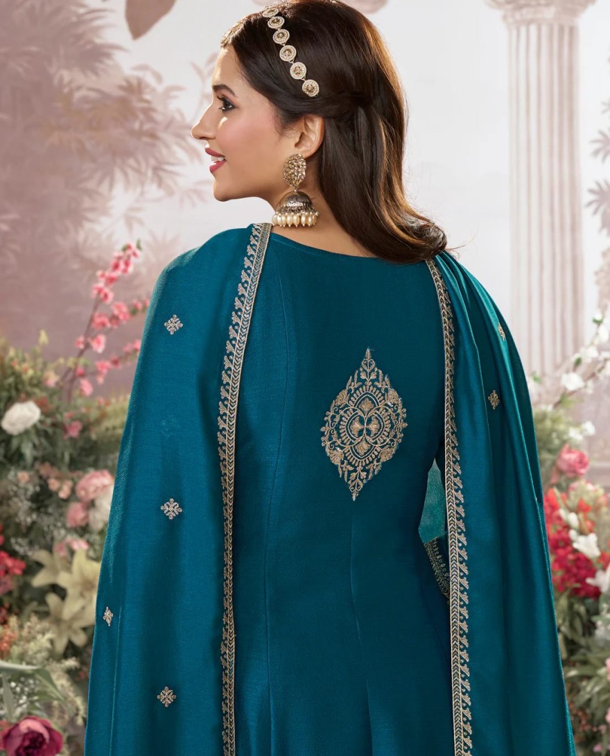 BLUE - Blue Vichitra Silk Kurta Suit Set with Embroidered Work Paired with Vichitra Silk Dupatta with Embroidered Work