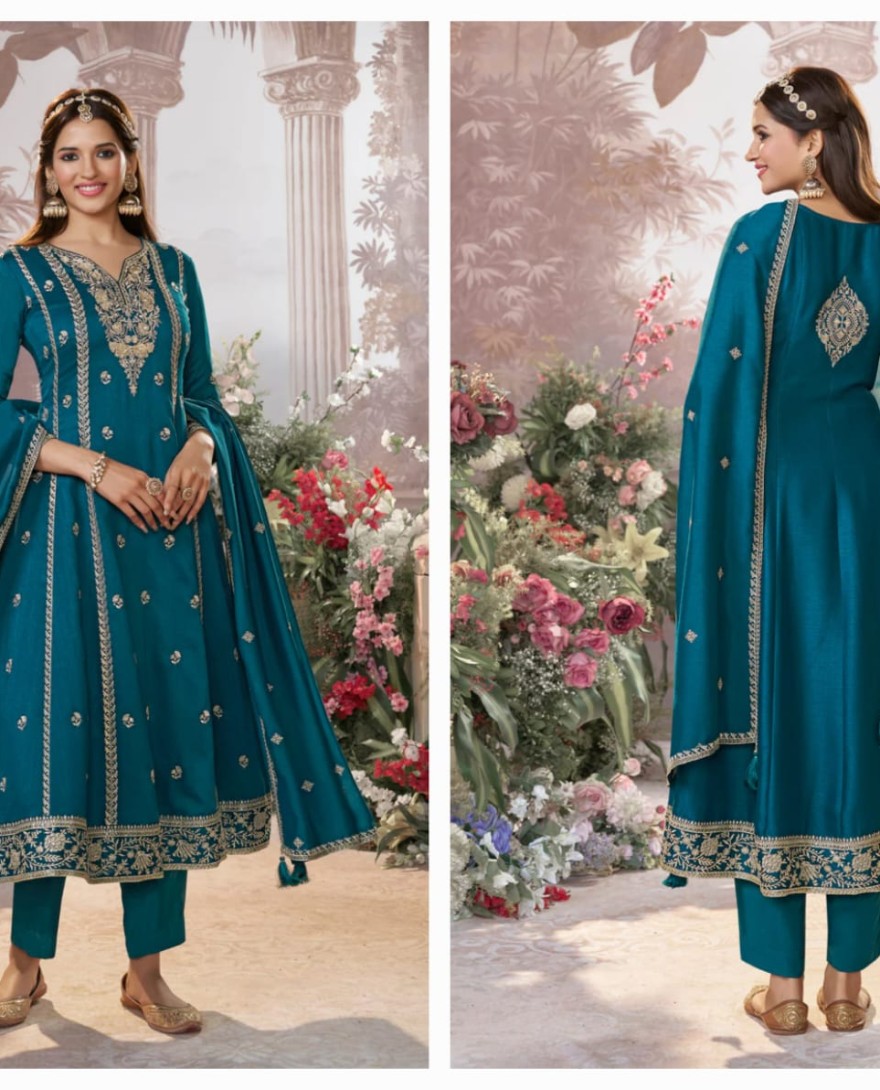 BLUE - Blue Vichitra Silk Kurta Suit Set with Embroidered Work Paired with Vichitra Silk Dupatta with Embroidered Work