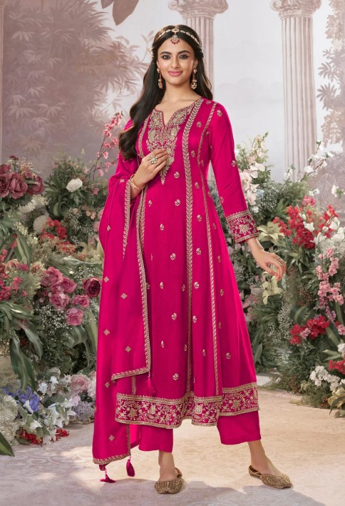 Hot Pink Vichitra Silk Kurta Suit Set with Embroidered Work Paired with Vichitra Silk Dupatta with Embroidered Work