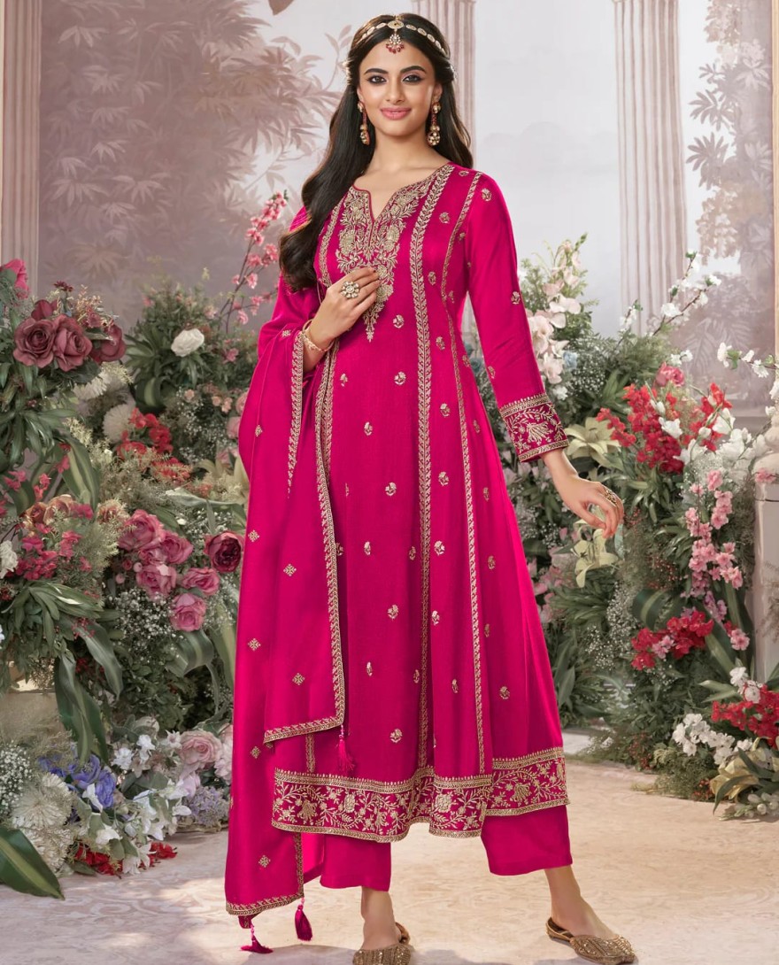 PINK - Hot Pink Vichitra Silk Kurta Suit Set with Embroidered Work Paired with Vichitra Silk Dupatta with Embroidered Work