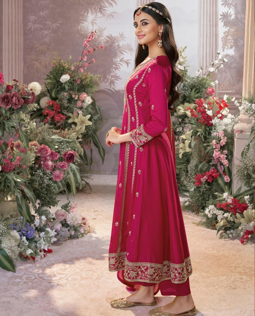 PINK - Hot Pink Vichitra Silk Kurta Suit Set with Embroidered Work Paired with Vichitra Silk Dupatta with Embroidered Work