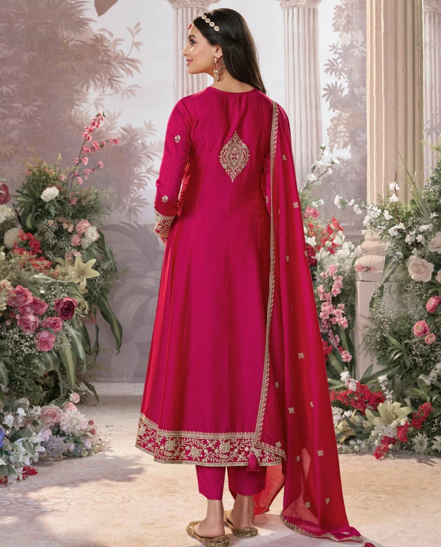 PINK - Hot Pink Vichitra Silk Kurta Suit Set with Embroidered Work Paired with Vichitra Silk Dupatta with Embroidered Work