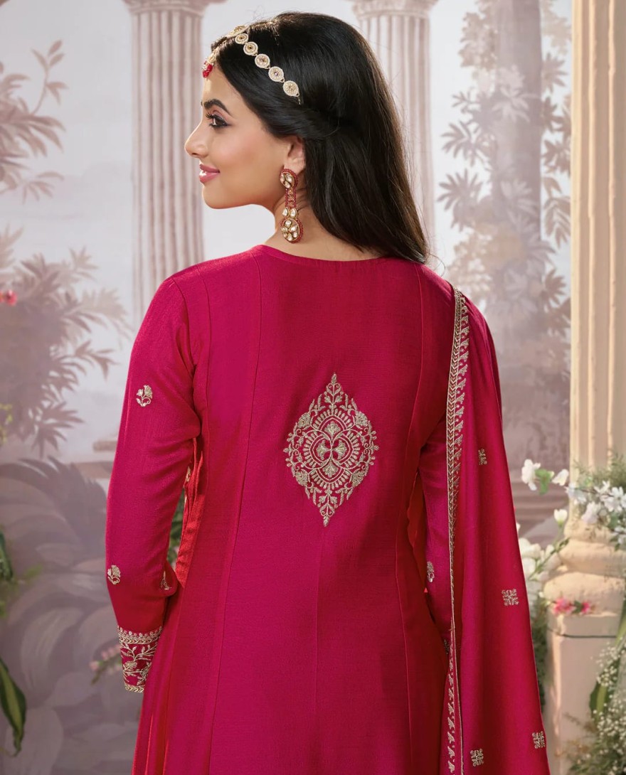 PINK - Hot Pink Vichitra Silk Kurta Suit Set with Embroidered Work Paired with Vichitra Silk Dupatta with Embroidered Work