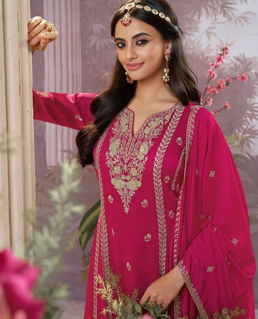 PINK - Hot Pink Vichitra Silk Kurta Suit Set with Embroidered Work Paired with Vichitra Silk Dupatta with Embroidered Work