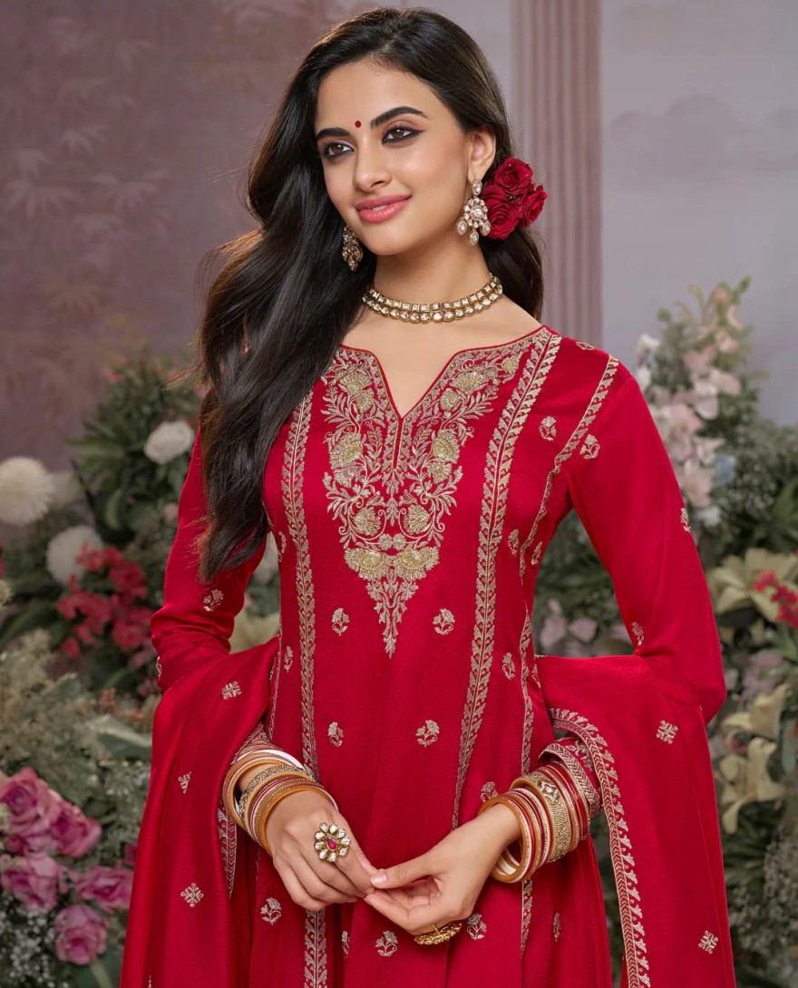 RED - Red Vichitra Silk Kurta Suit Set with Embroidered Work Paired with Vichitra Silk Dupatta with Embroidered Work