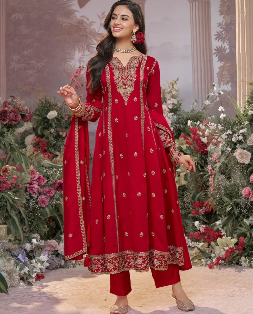 RED - Red Vichitra Silk Kurta Suit Set with Embroidered Work Paired with Vichitra Silk Dupatta with Embroidered Work
