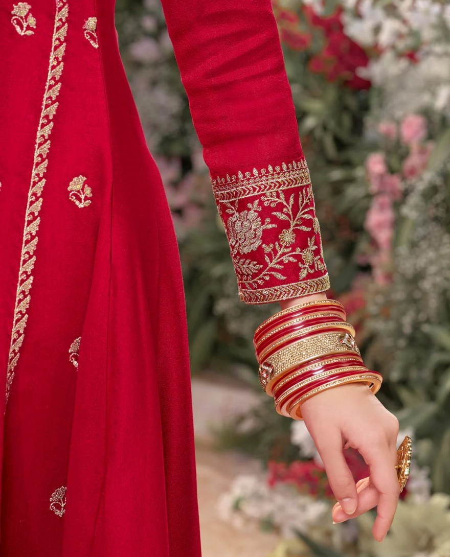 RED - Red Vichitra Silk Kurta Suit Set with Embroidered Work Paired with Vichitra Silk Dupatta with Embroidered Work