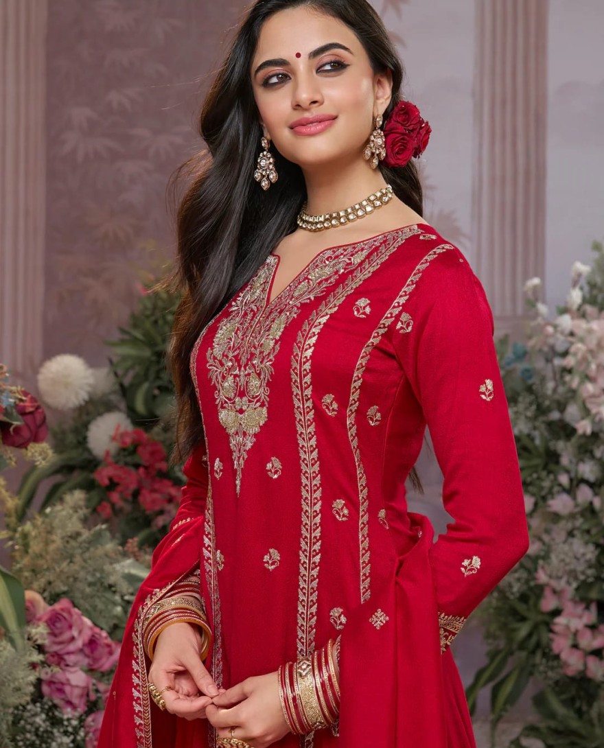 RED - Red Vichitra Silk Kurta Suit Set with Embroidered Work Paired with Vichitra Silk Dupatta with Embroidered Work