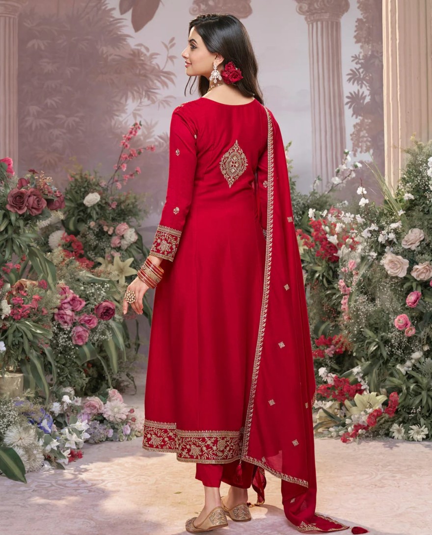 RED - Red Vichitra Silk Kurta Suit Set with Embroidered Work Paired with Vichitra Silk Dupatta with Embroidered Work
