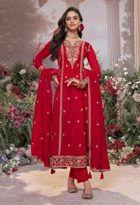 Red Vichitra Silk Kurta Suit Set with Embroidered Work Paired with Vichitra Silk Dupatta with Embroidered Work