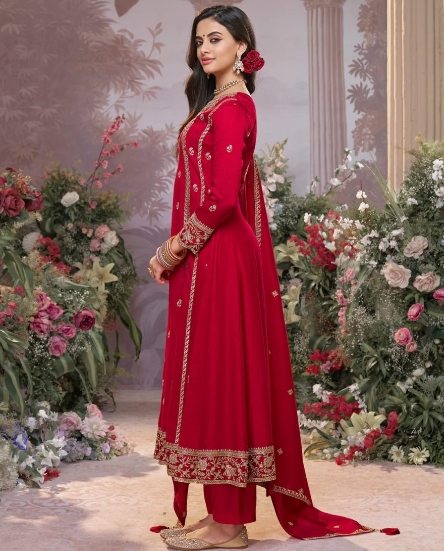RED - Red Vichitra Silk Kurta Suit Set with Embroidered Work Paired with Vichitra Silk Dupatta with Embroidered Work