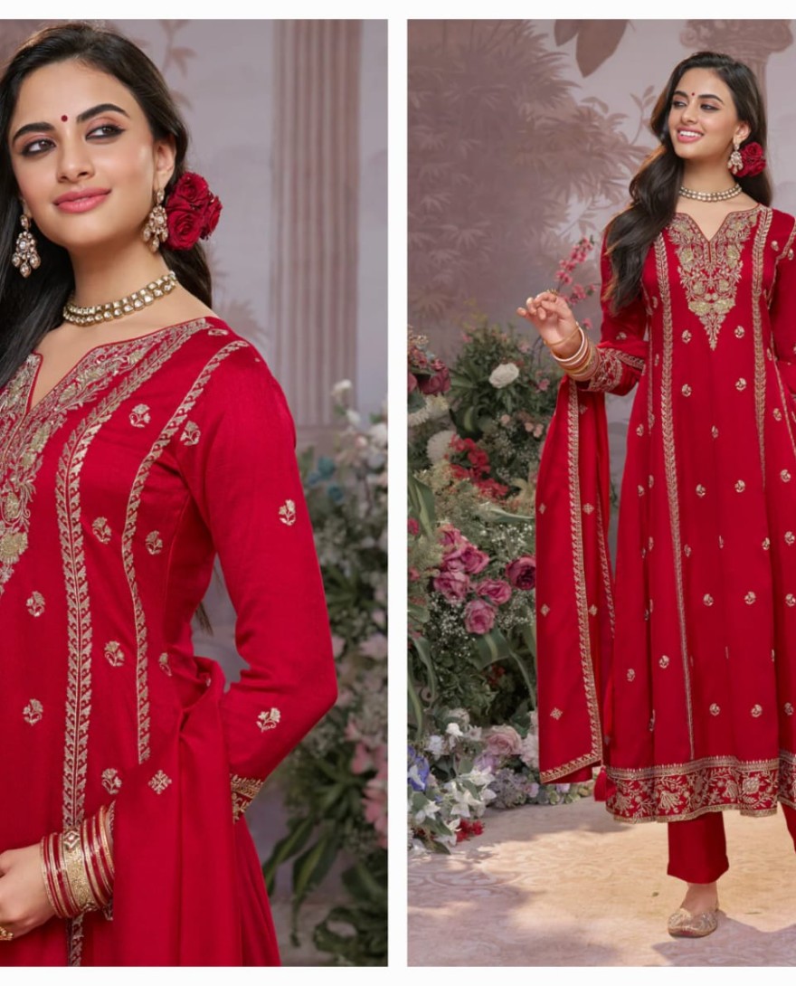 RED - Red Vichitra Silk Kurta Suit Set with Embroidered Work Paired with Vichitra Silk Dupatta with Embroidered Work
