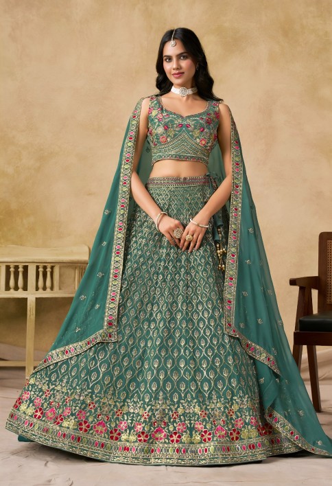 Georgette Lehenga Choli In Sea Green